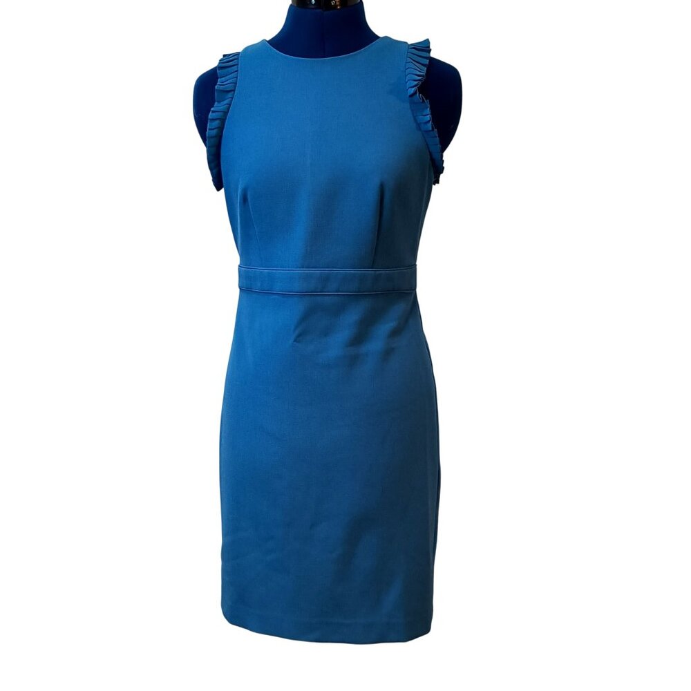 Ann Taylor Doubleweave Ruffle-Trim Sheath Dress in Deep Waves Blue 4P